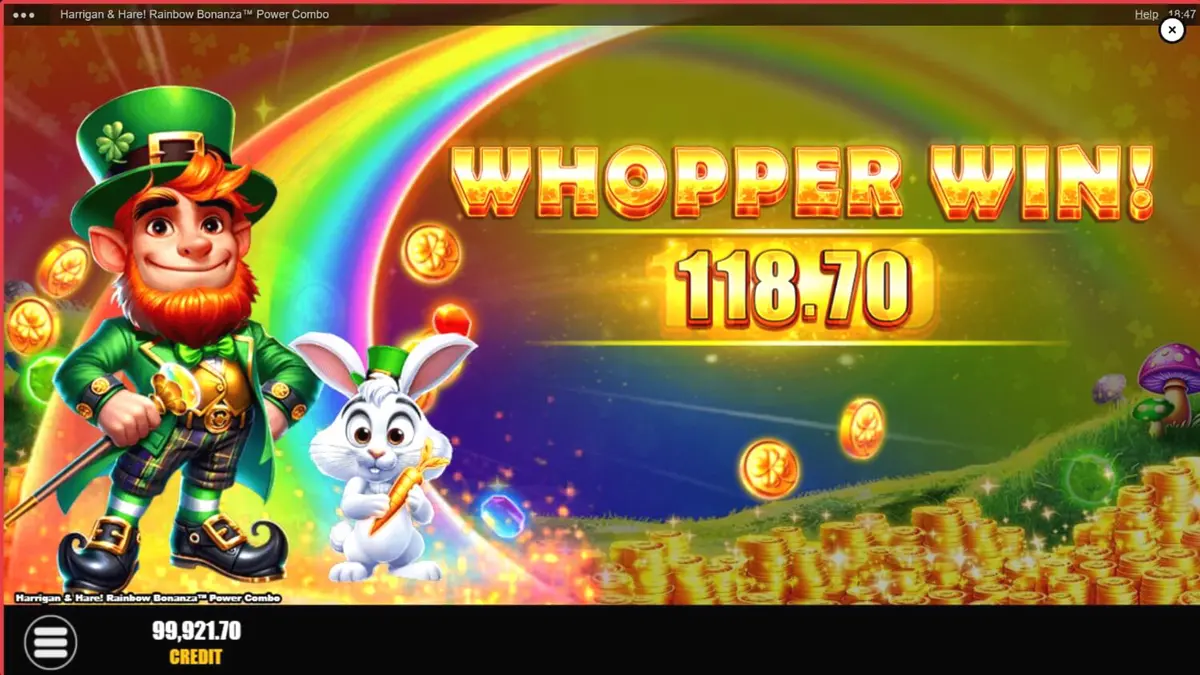 Interface do jogo Harrigan & Hare Rainbow Bonanza Power Combo em um smartphone