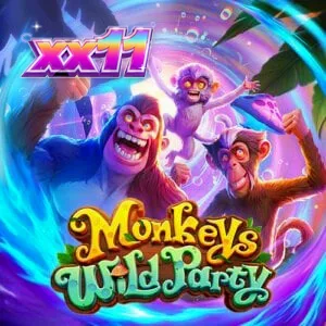 Interface colorida do slot Monkeys Wild Party com símbolos de macacos e cogumelos